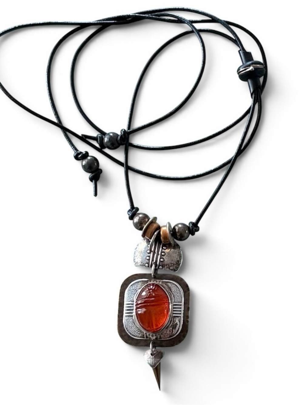 Vintage Tabra Carved Amber Scarab Necklace Sterling Silver Mixed Metals